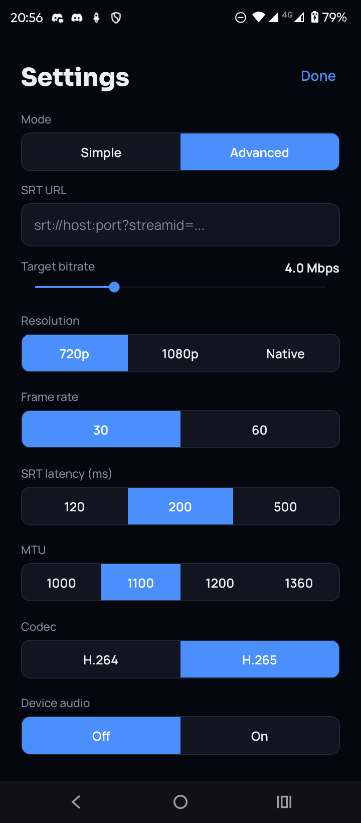 Advanced settings with resolution, frame rate, latency, MTU and codec controls