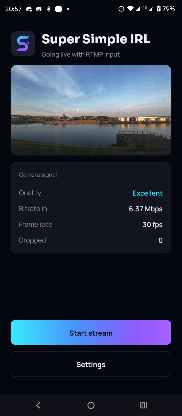 RTMP camera preview showing excellent signal quality at 6.37 Mbps