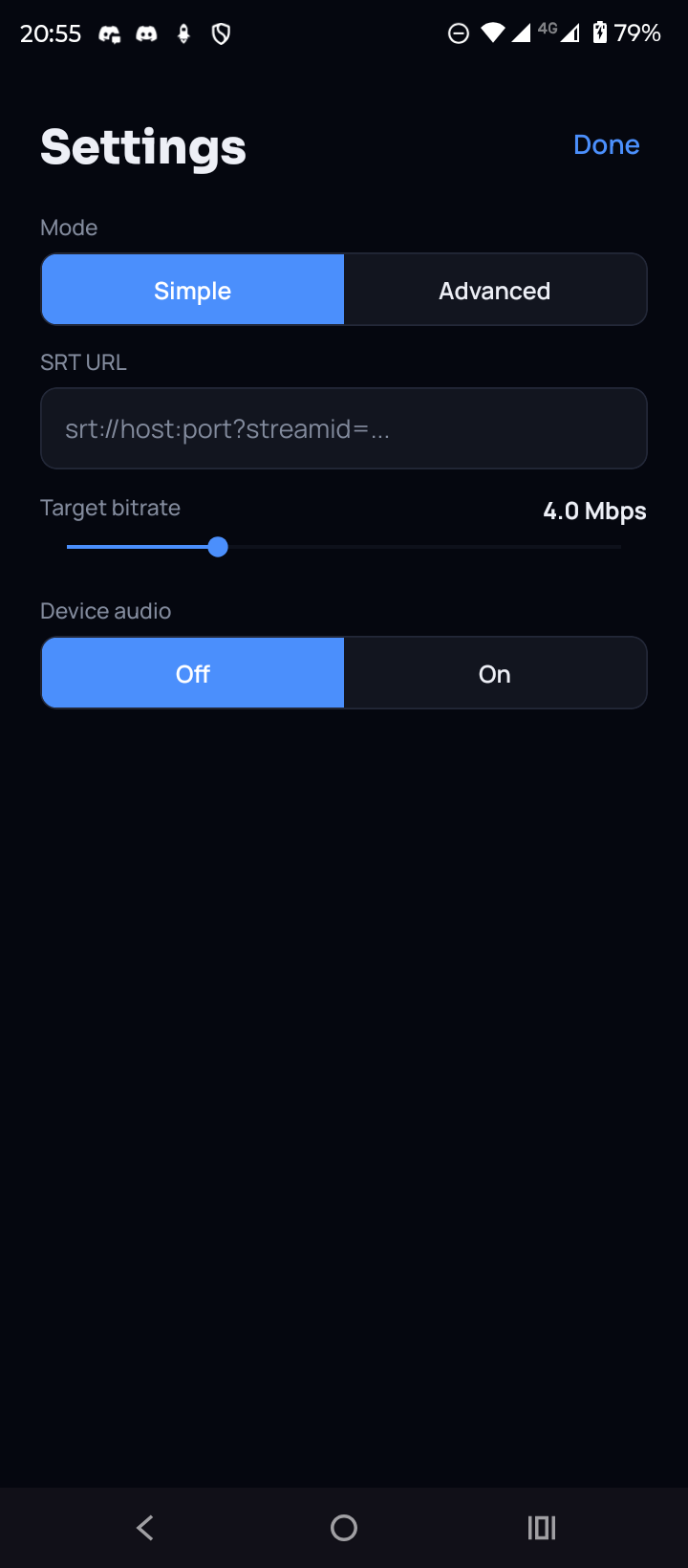 Simple settings with SRT URL and target bitrate